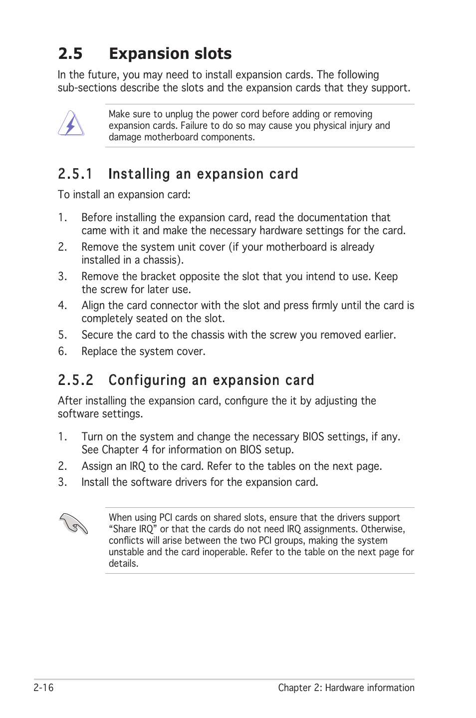 5 expansion slots, 1 installing an expansion card, 2 configuring an expansion card | Asus Motherboard P5PL2-E User Manual | Page 36 / 116