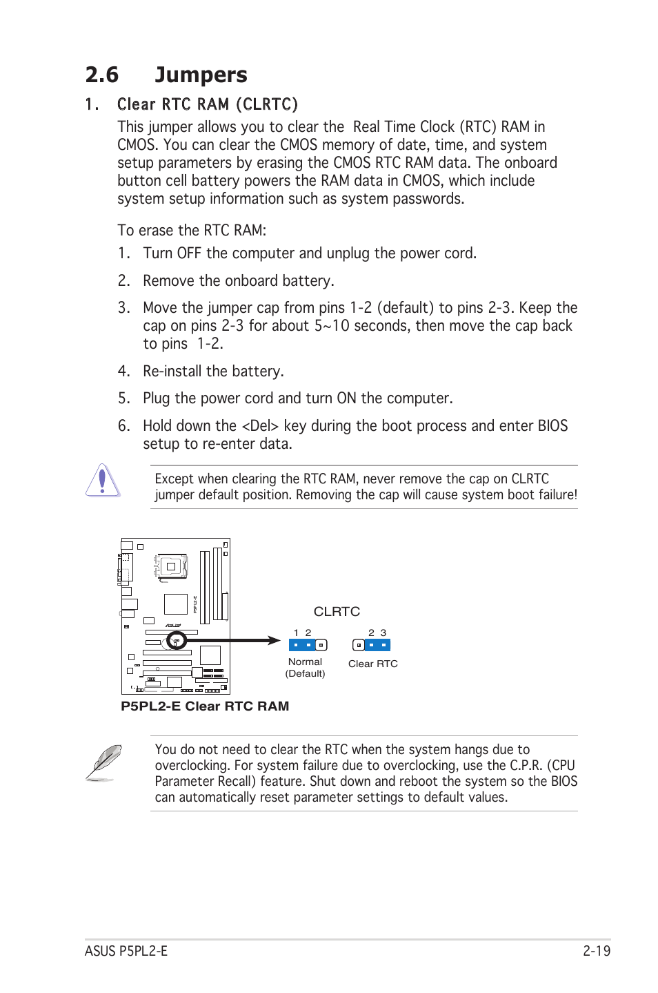 6 jumpers | Asus Motherboard P5PL2-E User Manual | Page 39 / 116
