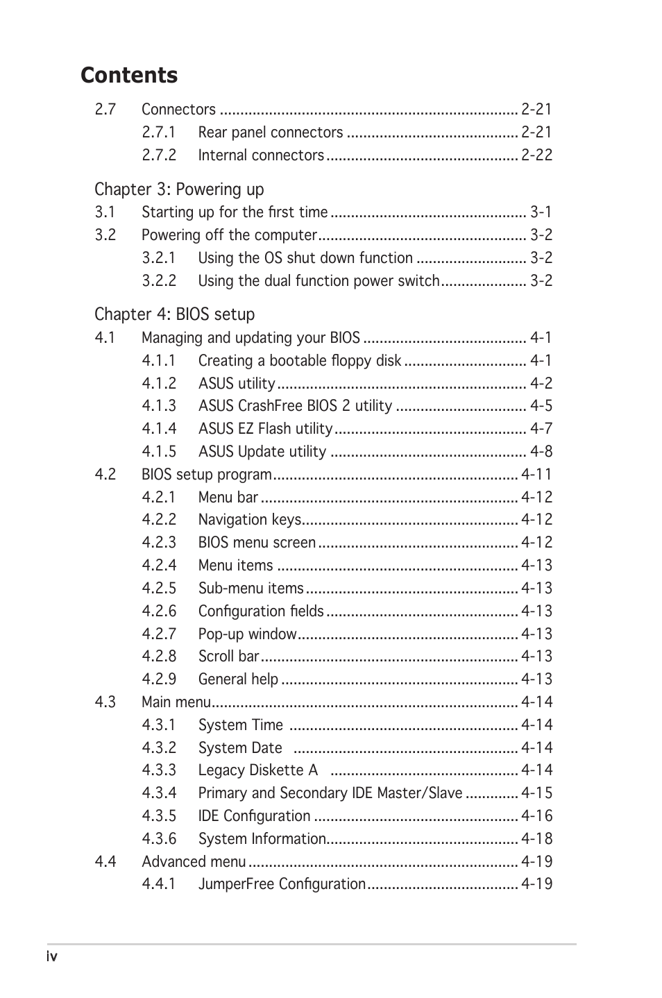Asus Motherboard P5PL2-E User Manual | Page 4 / 116