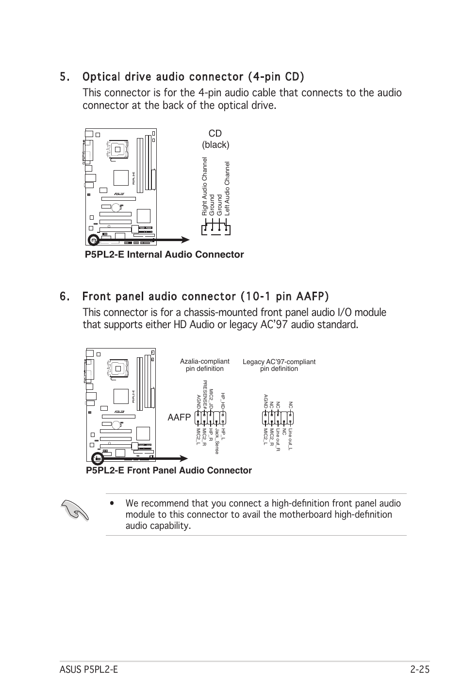 P5pl2-e internal audio connector cd (black), P5pl2-e front panel audio connector, Aafp | Asus Motherboard P5PL2-E User Manual | Page 45 / 116