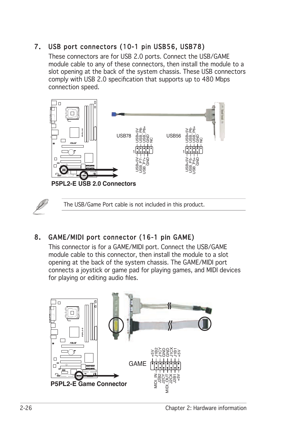 P5pl2-e usb 2.0 connectors, P5pl2-e game connector game, 26 chapter 2: hardware information | Asus Motherboard P5PL2-E User Manual | Page 46 / 116