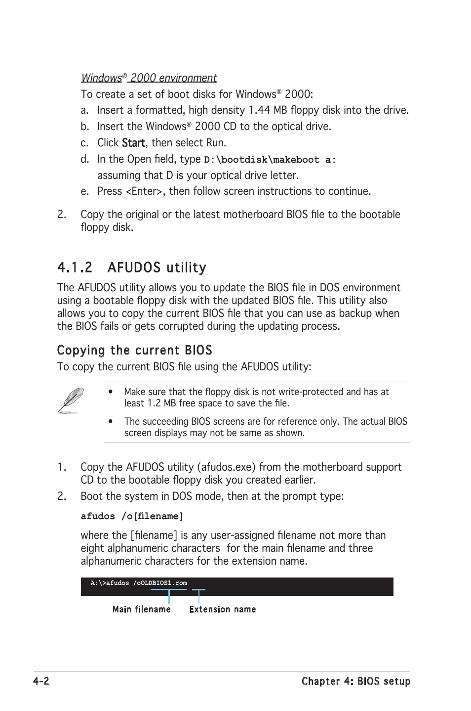 2 afudos utility, Copying the current bios | Asus Motherboard P5PL2-E User Manual | Page 58 / 116