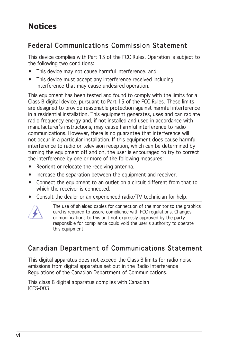 Notices, Federal communications commission statement, Canadian department of communications statement | Asus Motherboard P5PL2-E User Manual | Page 6 / 116