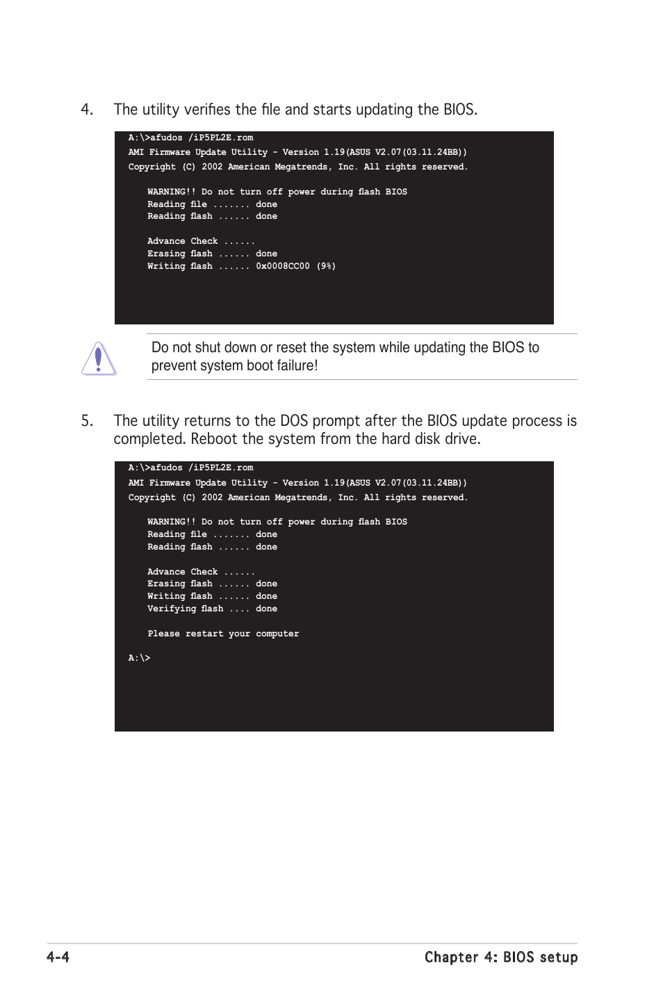 4 chapter 4: bios setup | Asus Motherboard P5PL2-E User Manual | Page 60 / 116