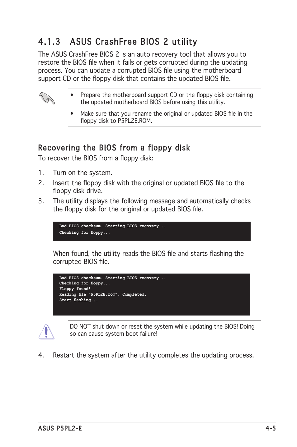 3 asus crashfree bios 2 utility, Recovering the bios from a floppy disk | Asus Motherboard P5PL2-E User Manual | Page 61 / 116