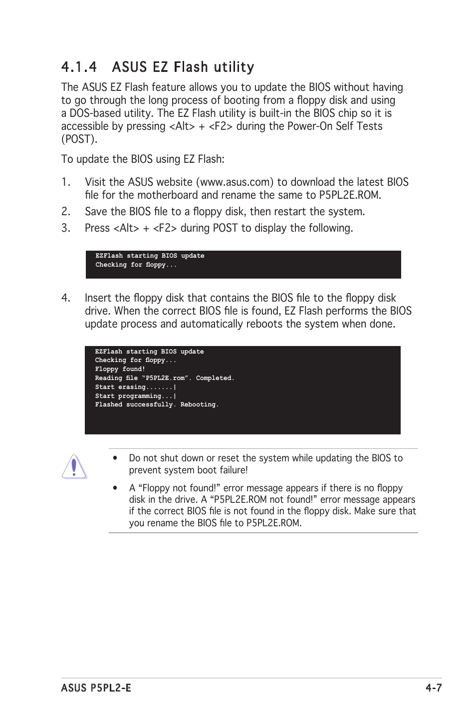 4 asus ez flash utility | Asus Motherboard P5PL2-E User Manual | Page 63 / 116