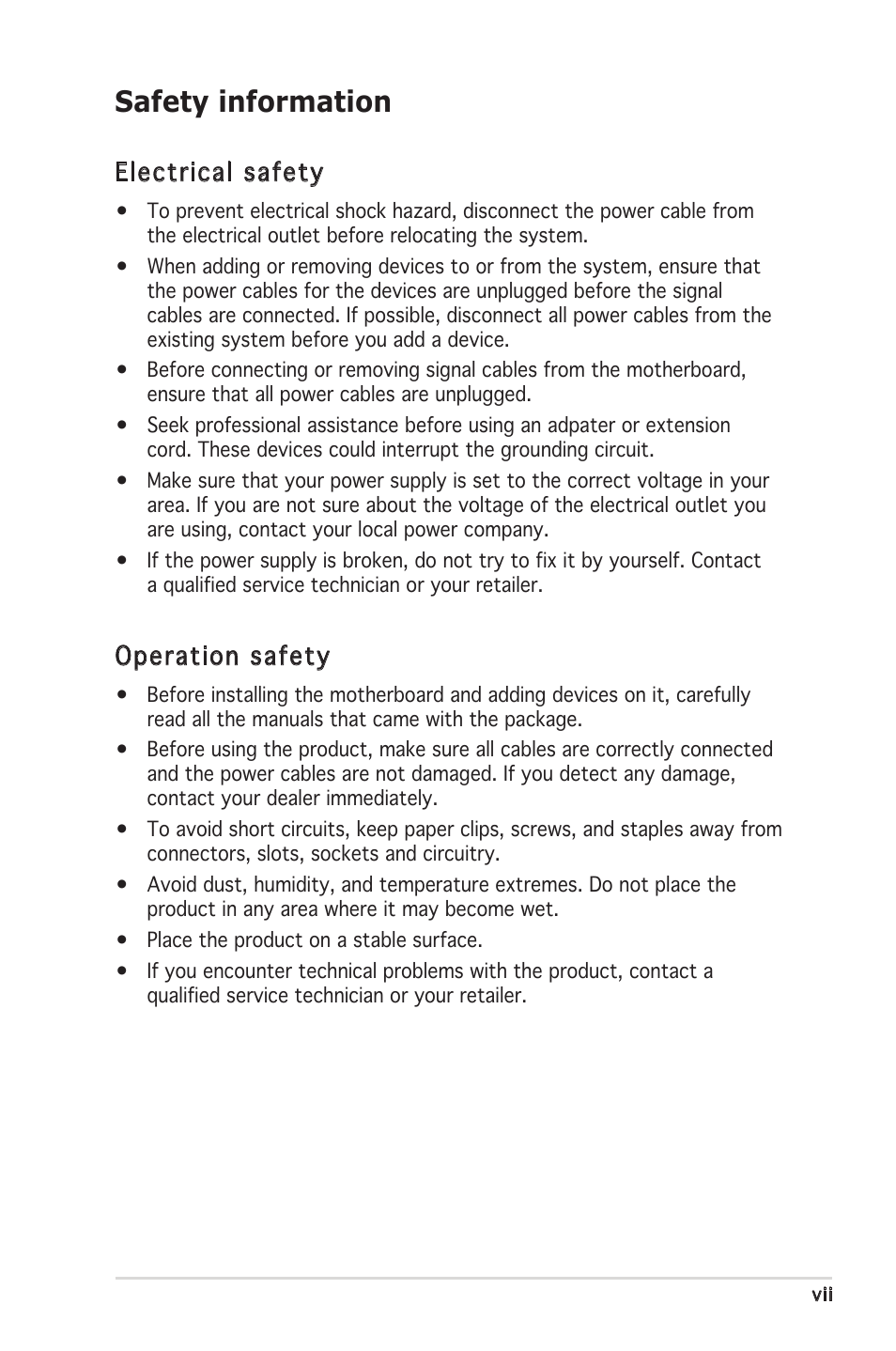 Safety information, Electrical safety, Operation safety | Asus Motherboard P5PL2-E User Manual | Page 7 / 116