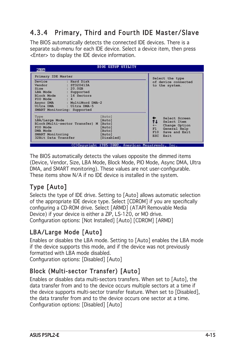 4 primary, third and fourth ide master/slave, Type [auto, Lba/large mode [auto | Block (multi-sector transfer) [auto | Asus Motherboard P5PL2-E User Manual | Page 71 / 116