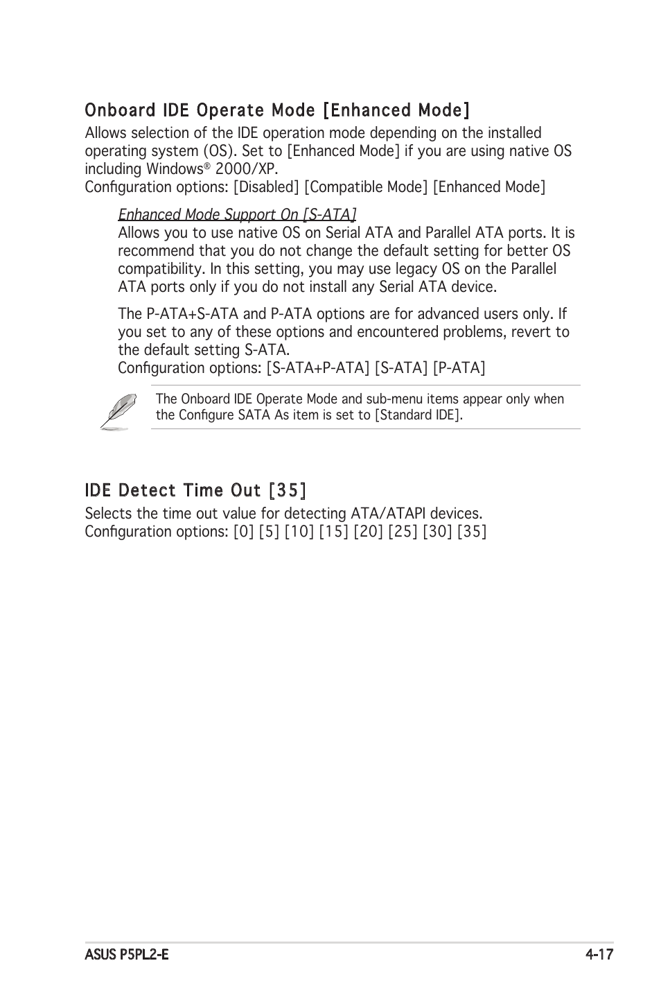 Onboard ide operate mode [enhanced mode, Ide detect time out [35 | Asus Motherboard P5PL2-E User Manual | Page 73 / 116