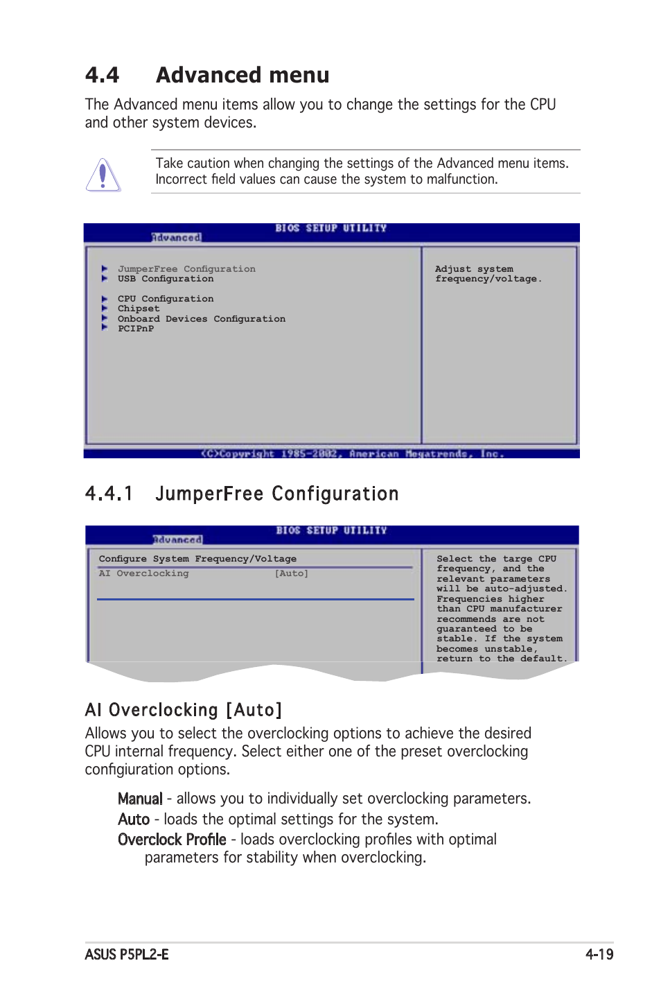 4 advanced menu, 1 jumperfree configuration, Ai overclocking [auto | Asus Motherboard P5PL2-E User Manual | Page 75 / 116