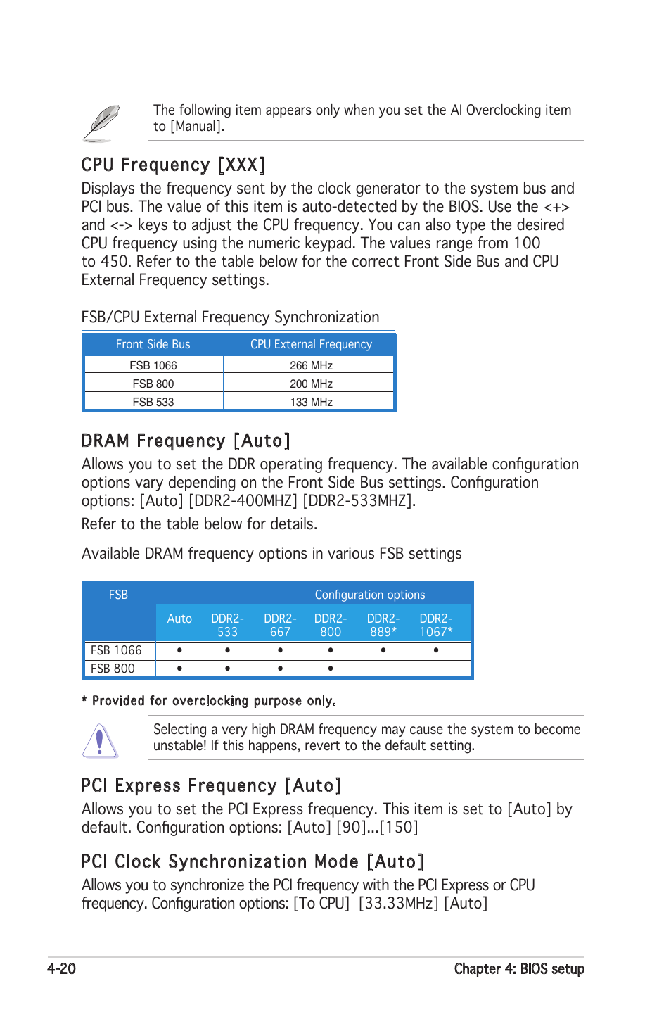 Cpu frequency [xxx, Pci express frequency [auto, Pci clock synchronization mode [auto | Dram frequency [auto | Asus Motherboard P5PL2-E User Manual | Page 76 / 116