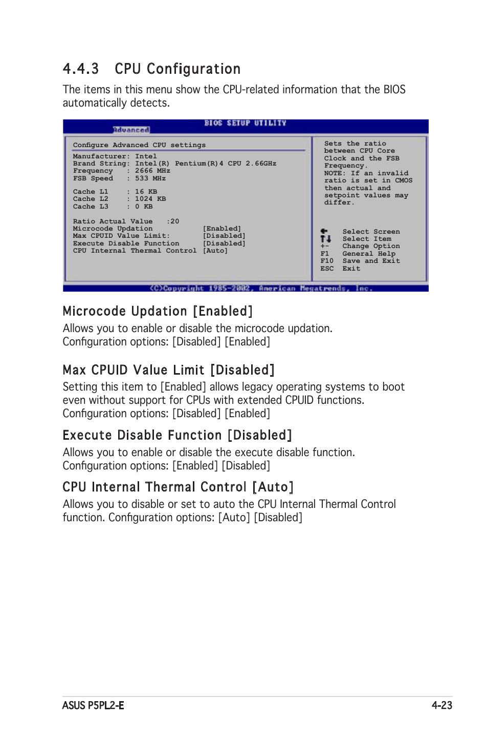 3 cpu configuration, Microcode updation [enabled, Max cpuid value limit [disabled | Execute disable function [disabled, Cpu internal thermal control [auto | Asus Motherboard P5PL2-E User Manual | Page 79 / 116