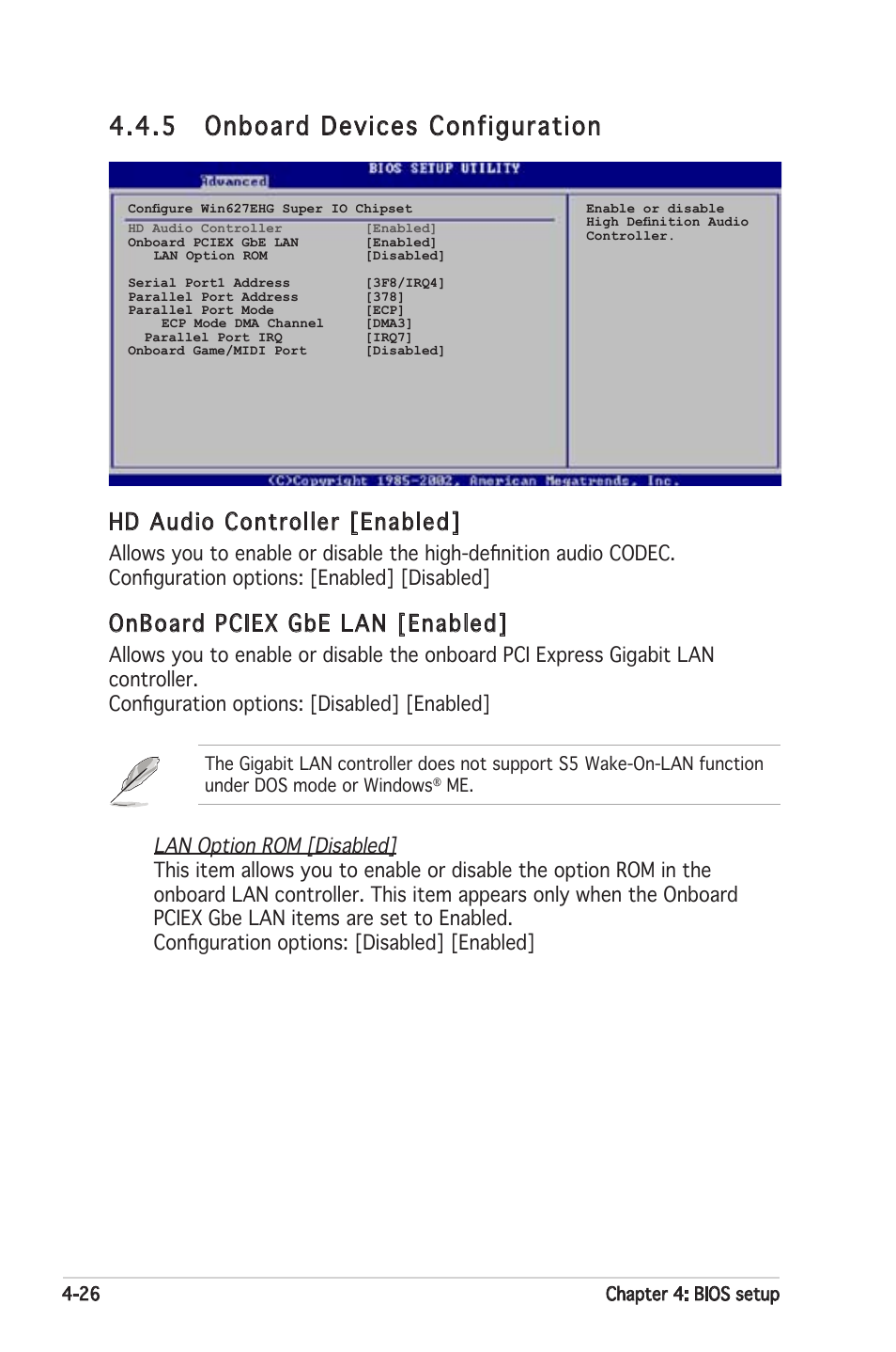 5 onboard devices configuration, Hd audio controller [enabled, Onboard pciex gbe lan [enabled | Asus Motherboard P5PL2-E User Manual | Page 82 / 116