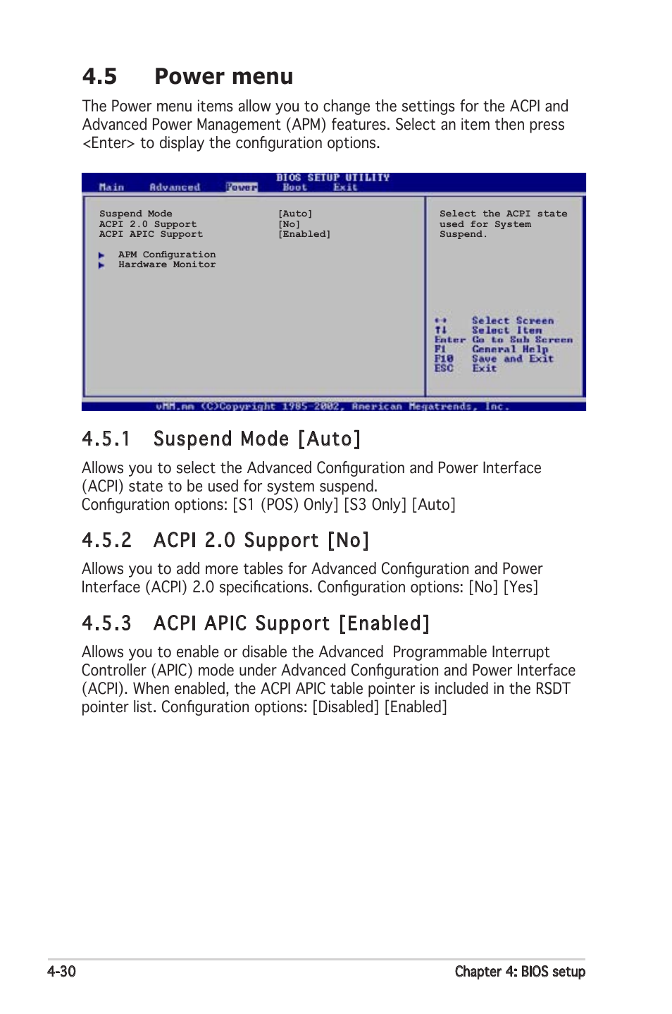 5 power menu, 1 suspend mode [auto, 2 acpi 2.0 support [no | 3 acpi apic support [enabled | Asus Motherboard P5PL2-E User Manual | Page 86 / 116