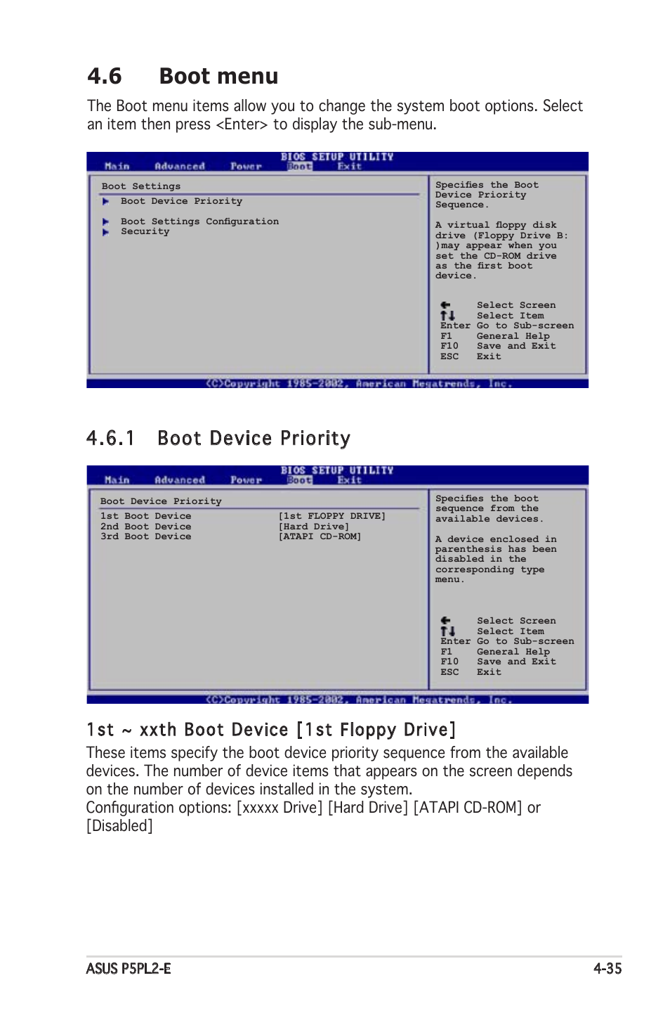 6 boot menu, 1 boot device priority, 1st ~ xxth boot device [1st floppy drive | Asus Motherboard P5PL2-E User Manual | Page 91 / 116