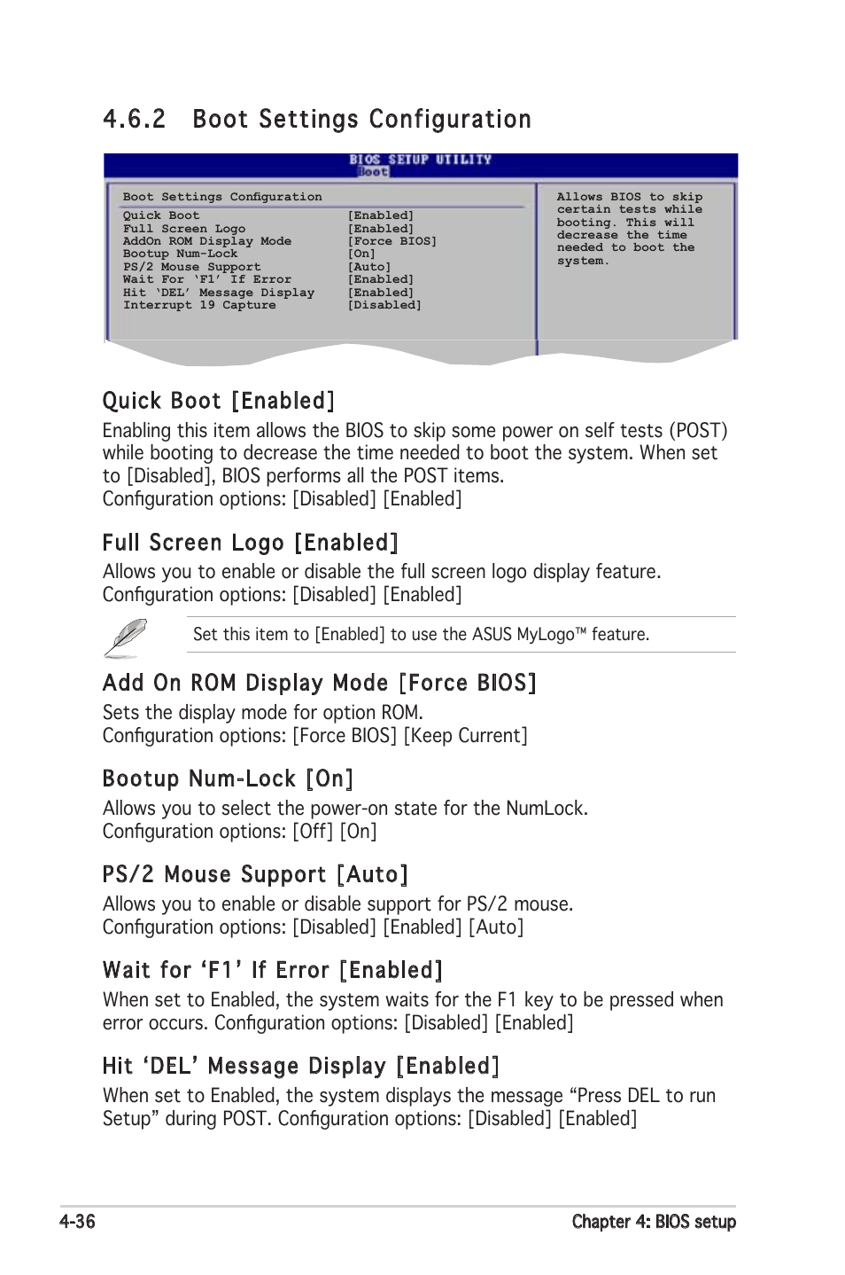 2 boot settings configuration, Quick boot [enabled, Full screen logo [enabled | Add on rom display mode [force bios, Bootup num-lock [on, Ps/2 mouse support [auto, Wait for ‘f1’ if error [enabled, Hit ‘del’ message display [enabled | Asus Motherboard P5PL2-E User Manual | Page 92 / 116