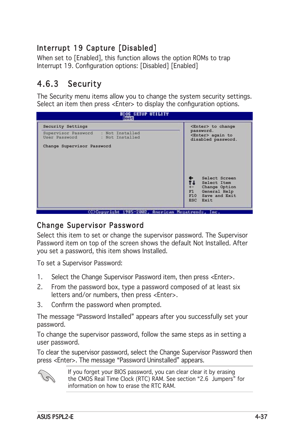 3 security, Interrupt 19 capture [disabled, Change supervisor password | Asus Motherboard P5PL2-E User Manual | Page 93 / 116