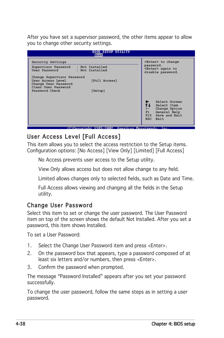 User access level [full access, Change user password | Asus Motherboard P5PL2-E User Manual | Page 94 / 116