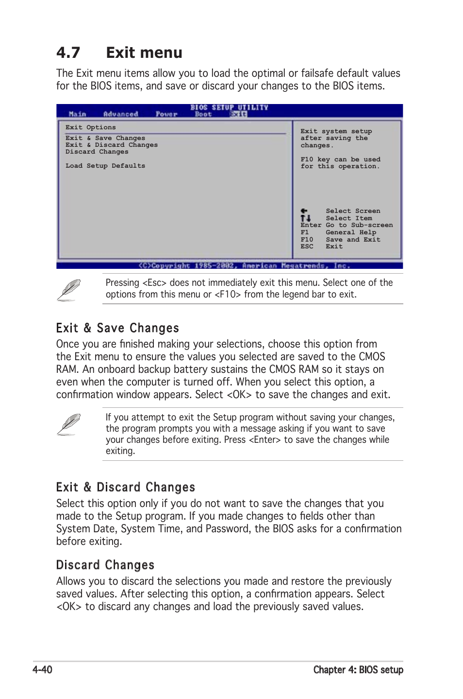 7 exit menu, Exit & discard changes, Discard changes | Exit & save changes | Asus Motherboard P5PL2-E User Manual | Page 96 / 116