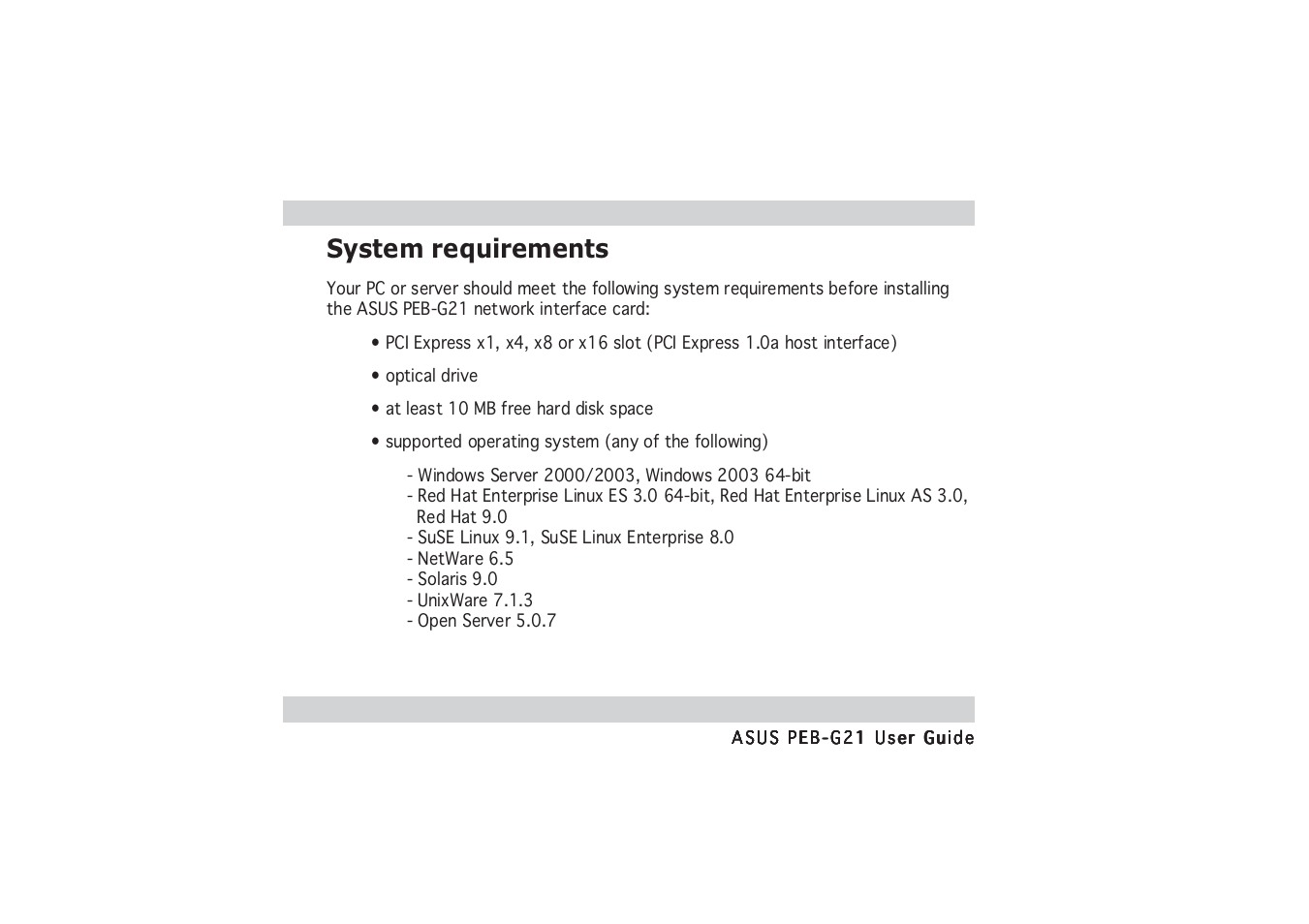 System requirements | Asus PCI Express x1 Network Interface PEB-G21 User Manual | Page 10 / 42