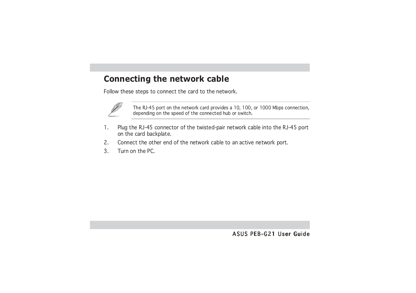 Connecting the network cable | Asus PCI Express x1 Network Interface PEB-G21 User Manual | Page 12 / 42