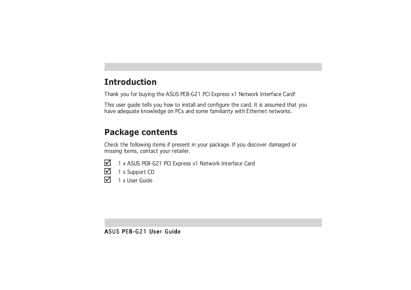 Introduction, Package contents | Asus PCI Express x1 Network Interface PEB-G21 User Manual | Page 5 / 42