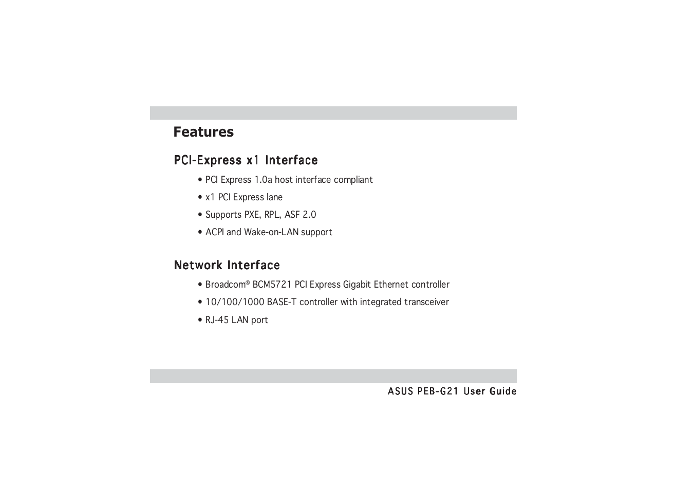 Features | Asus PCI Express x1 Network Interface PEB-G21 User Manual | Page 8 / 42