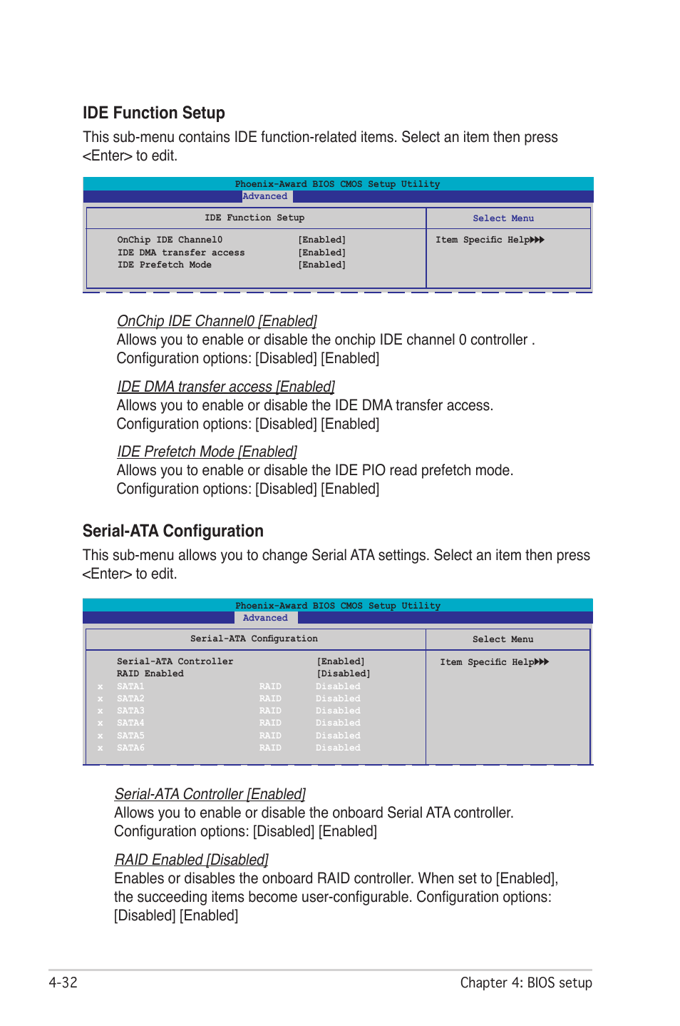 Ide function setup, Serial-ata configuration | Asus CROSSHAIR E2711 User Manual | Page 100 / 174