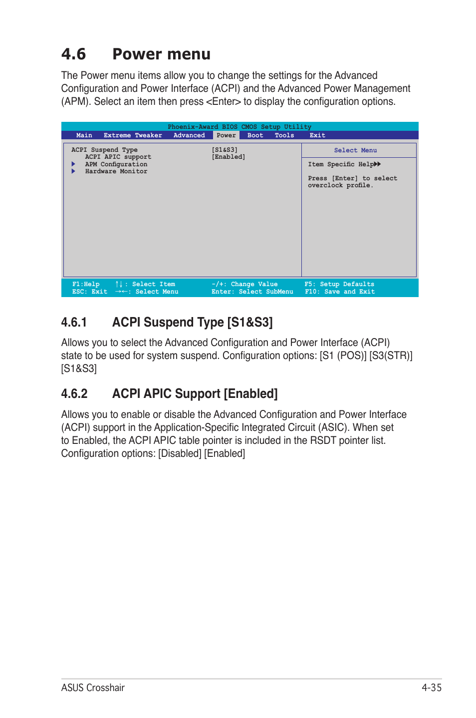 6 power menu, 1 acpi suspend type [s1&s3, 2 acpi apic support [enabled | Asus CROSSHAIR E2711 User Manual | Page 103 / 174