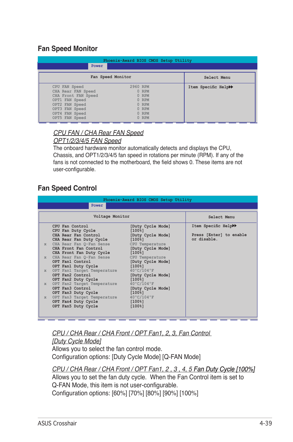 Fan speed control, Fan speed monitor, Asus crosshair | Asus CROSSHAIR E2711 User Manual | Page 107 / 174