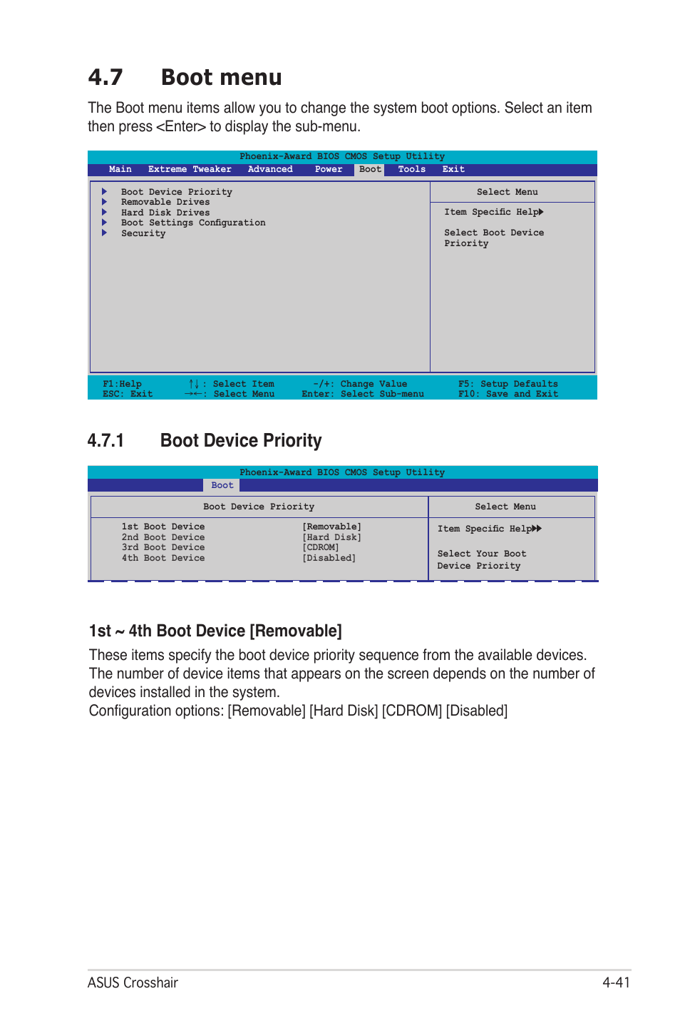 7 boot menu, 1 boot device priority, 1st ~ 4th boot device [removable | Asus CROSSHAIR E2711 User Manual | Page 109 / 174