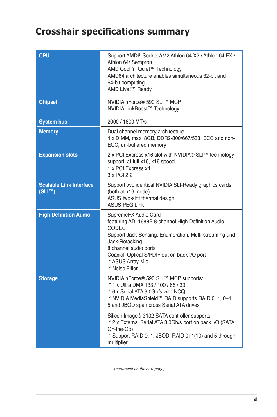 Crosshair specifications summary | Asus CROSSHAIR E2711 User Manual | Page 11 / 174