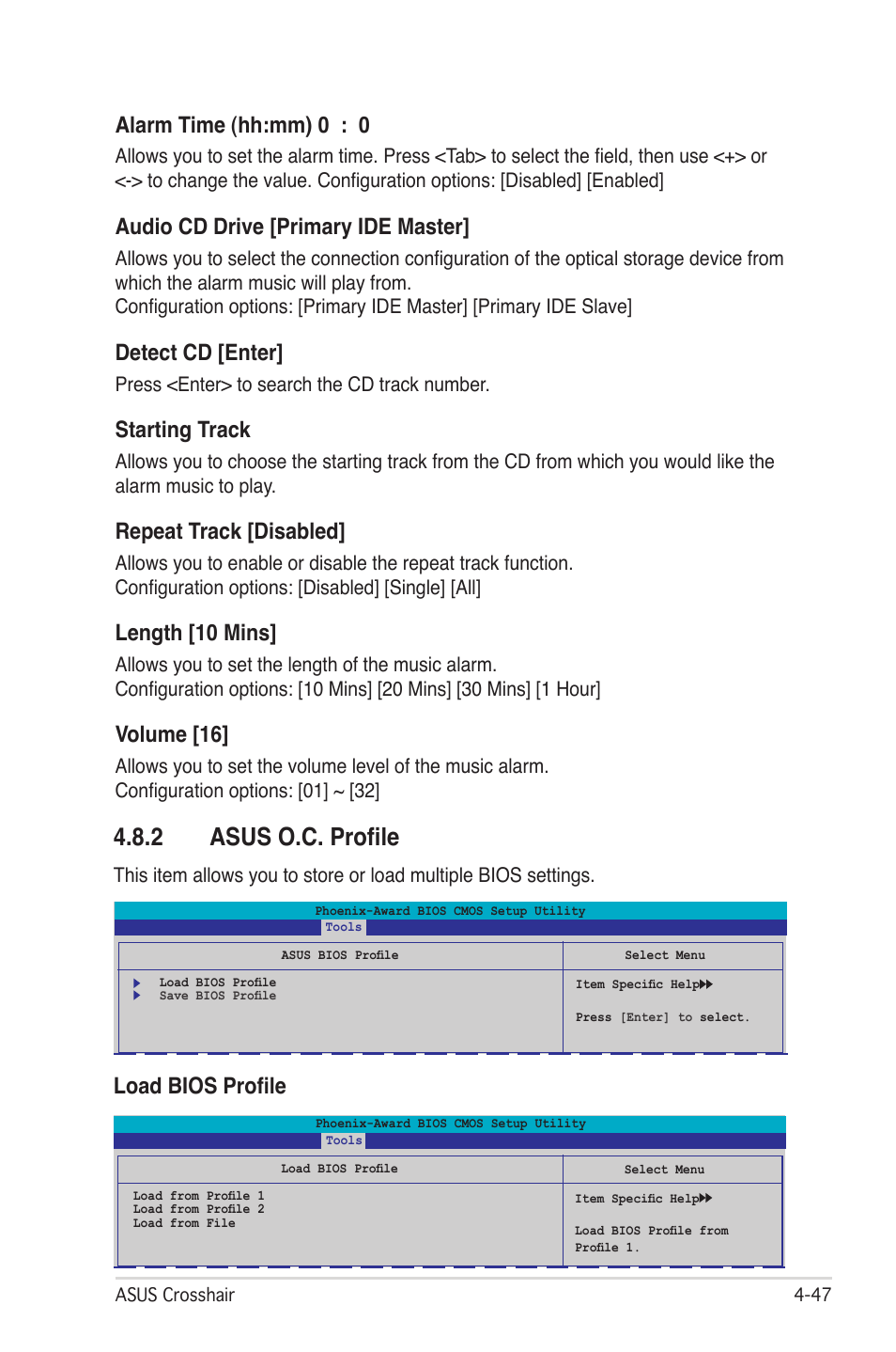 2 asus o.c. profile, Load bios profile alarm time (hh:mm) 0 : 0, Audio cd drive [primary ide master | Detect cd [enter, Starting track, Repeat track [disabled, Length [10 mins, Volume [16 | Asus CROSSHAIR E2711 User Manual | Page 115 / 174