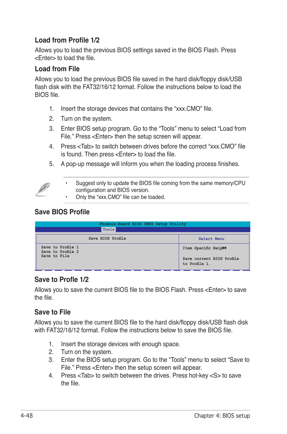 Load from profile 1/2, Load from file, Save bios profile save to profle 1/2 | Save to file | Asus CROSSHAIR E2711 User Manual | Page 116 / 174