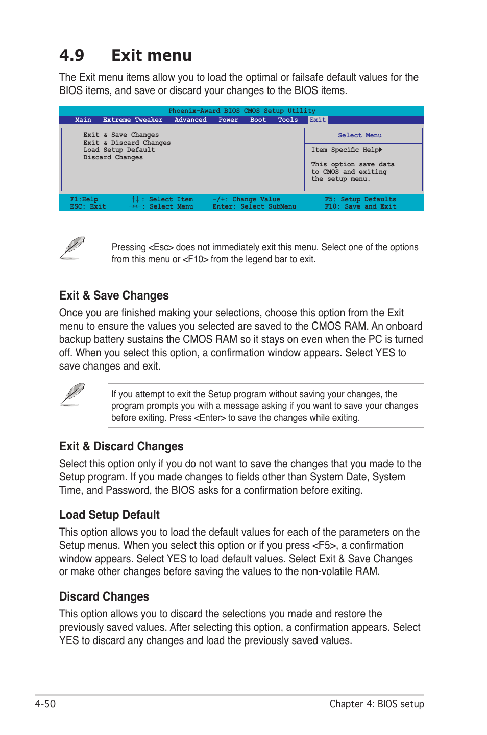 9 exit menu, Exit & save changes, Exit & discard changes | Load setup default, Discard changes | Asus CROSSHAIR E2711 User Manual | Page 118 / 174