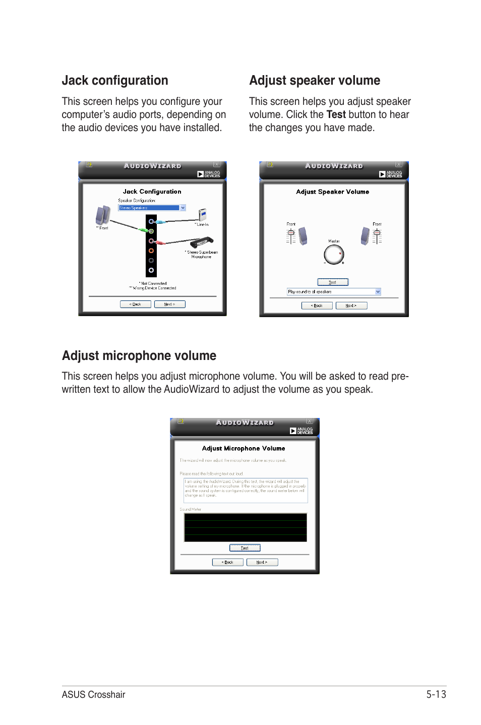 Jack configuration, Adjust speaker volume, Adjust microphone volume | Asus CROSSHAIR E2711 User Manual | Page 133 / 174