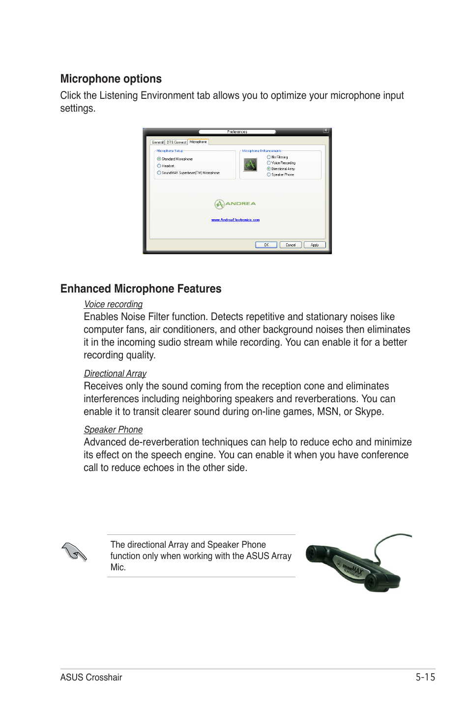 Microphone options, Enhanced microphone features | Asus CROSSHAIR E2711 User Manual | Page 135 / 174