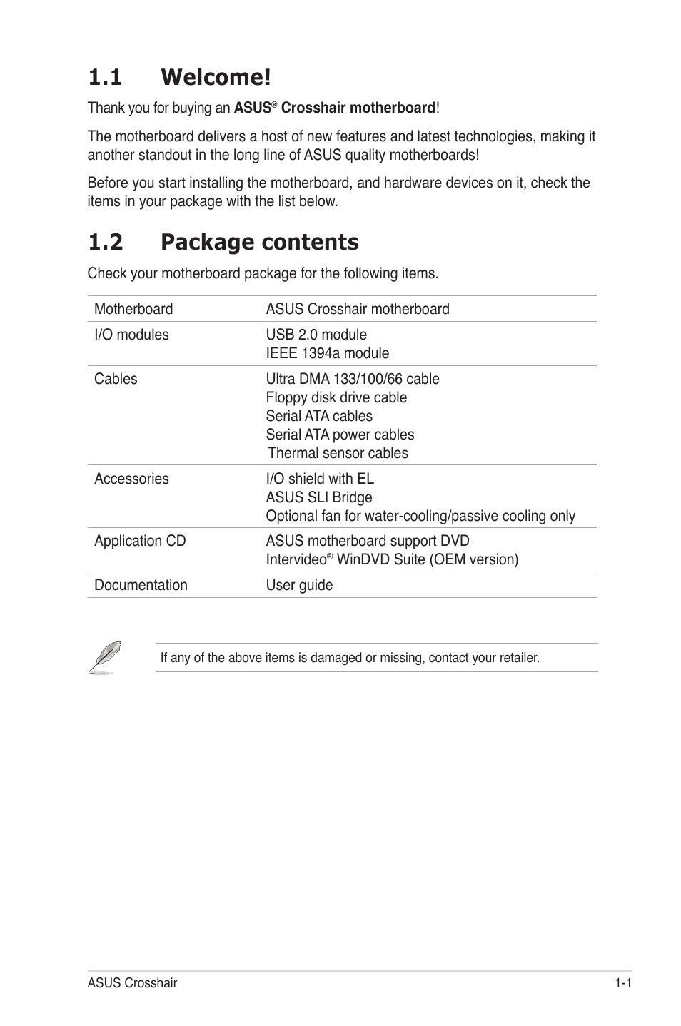 1 welcome, 2 package contents | Asus CROSSHAIR E2711 User Manual | Page 17 / 174