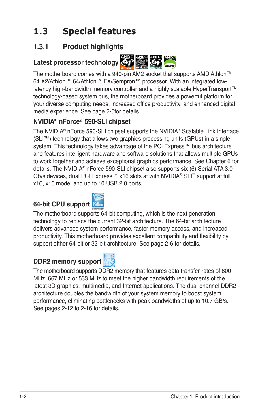 3 special features, 1 product highlights | Asus CROSSHAIR E2711 User Manual | Page 18 / 174