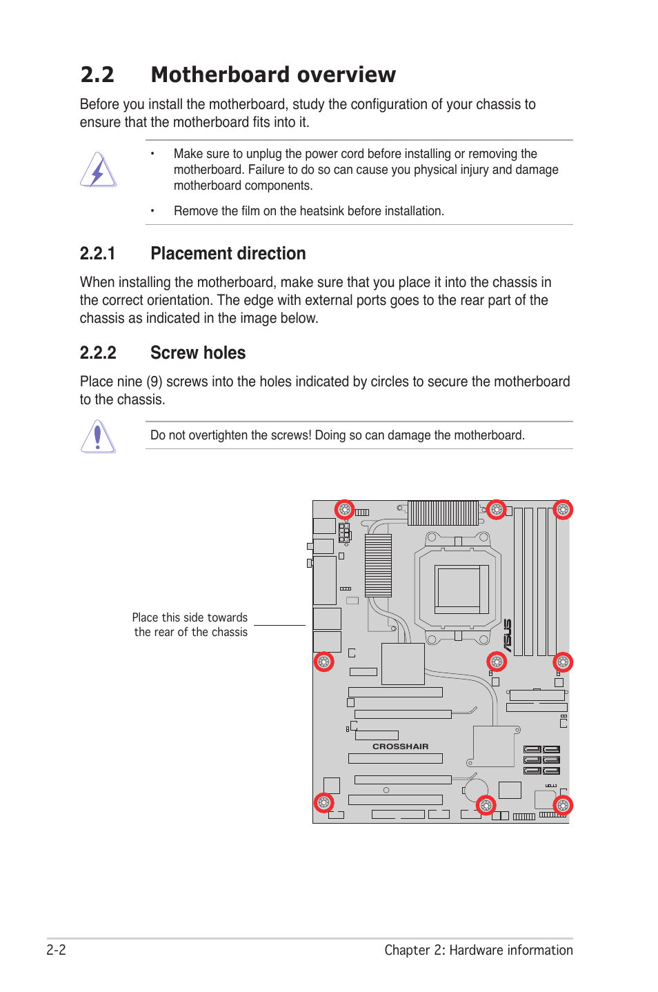 2 motherboard overview, 1 placement direction, 2 screw holes | Asus CROSSHAIR E2711 User Manual | Page 28 / 174