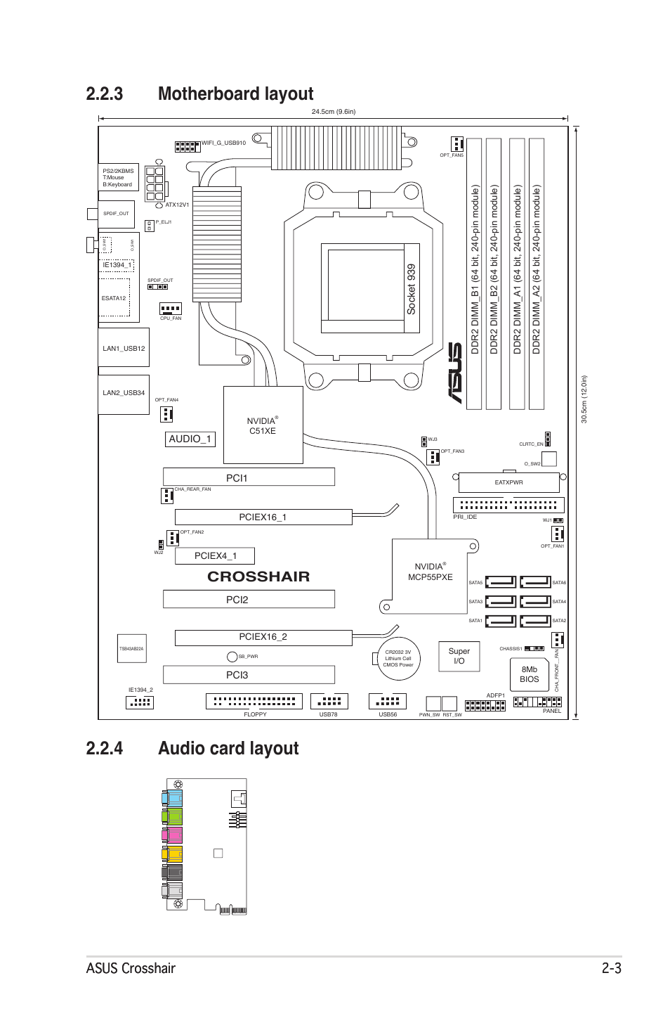 3 motherboard layout, 4 audio card layout, Asus crosshair 2- asus crosshair 2 | Crosshair, Pci3 pci2 pci1 audio_1 | Asus CROSSHAIR E2711 User Manual | Page 29 / 174