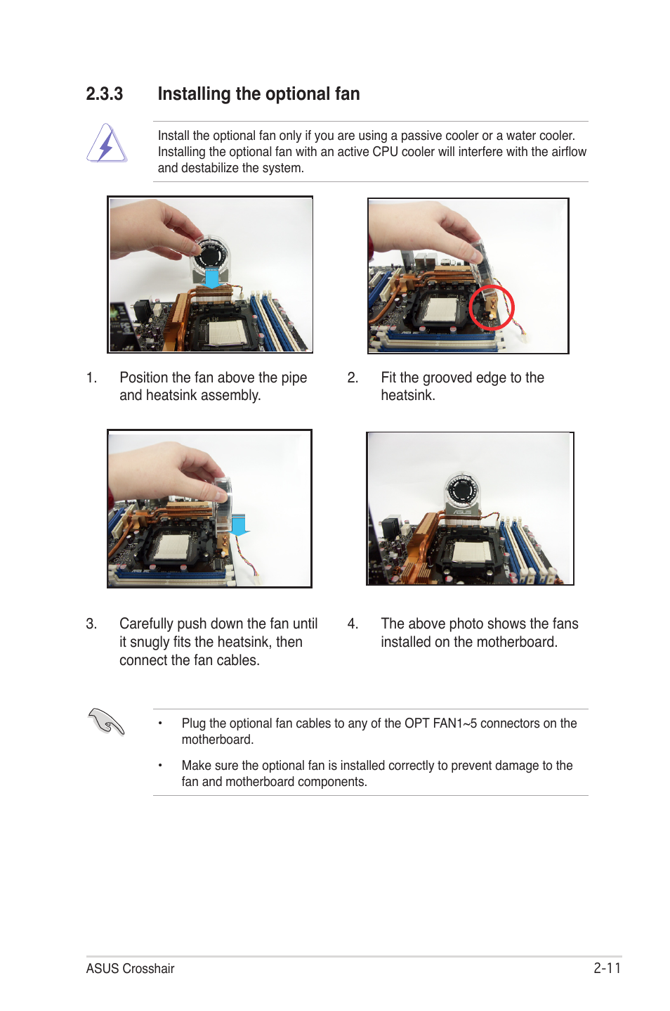 3 installing the optional fan | Asus CROSSHAIR E2711 User Manual | Page 37 / 174