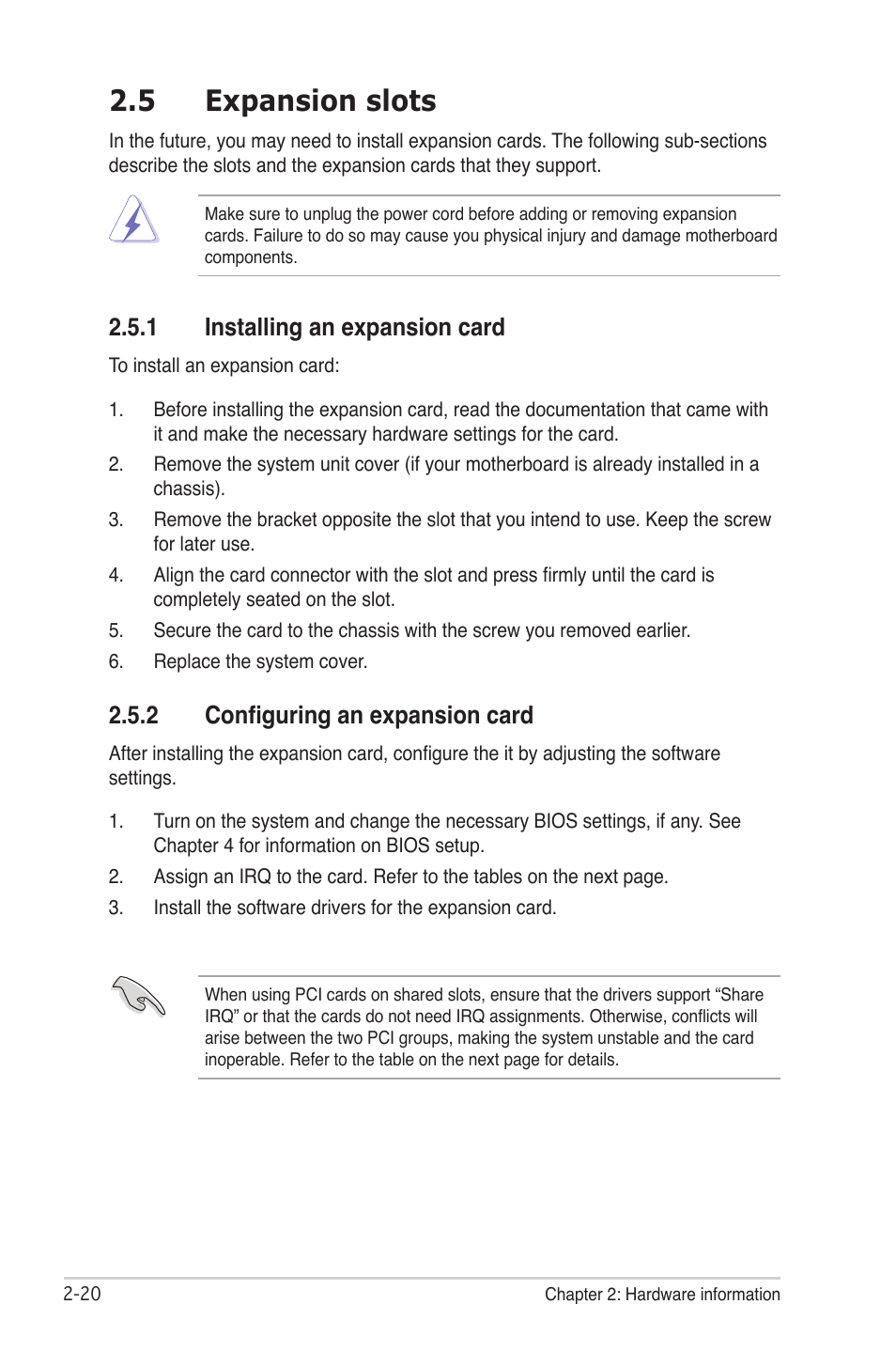 5 expansion slots, 1 installing an expansion card, 2 configuring an expansion card | Asus CROSSHAIR E2711 User Manual | Page 46 / 174