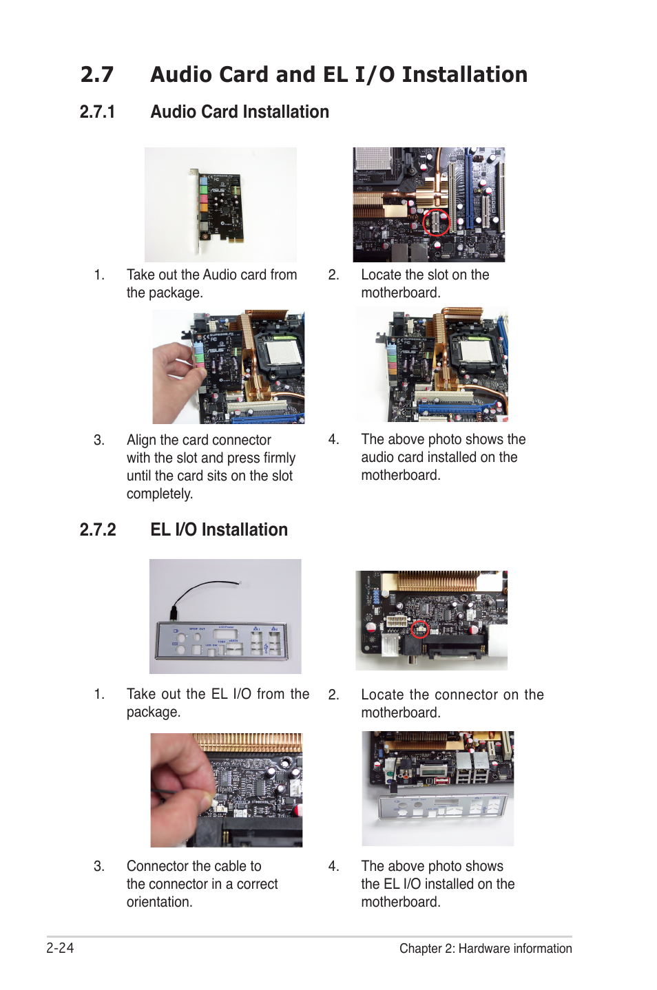 7 audio card and el i/o installation | Asus CROSSHAIR E2711 User Manual | Page 50 / 174