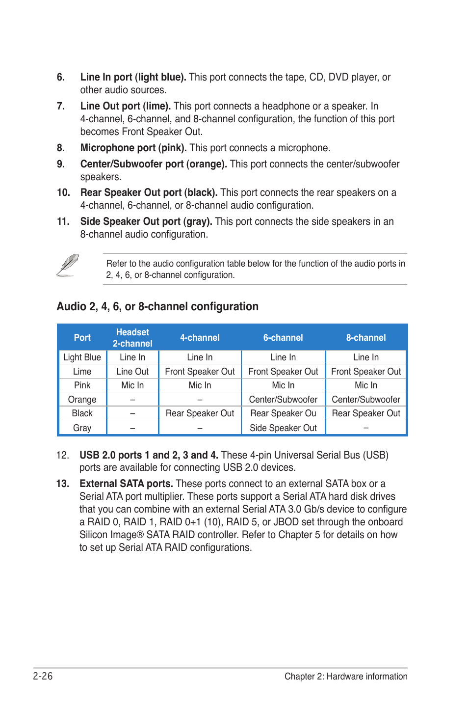 Audio 2, 4, 6, or 8-channel configuration | Asus CROSSHAIR E2711 User Manual | Page 52 / 174