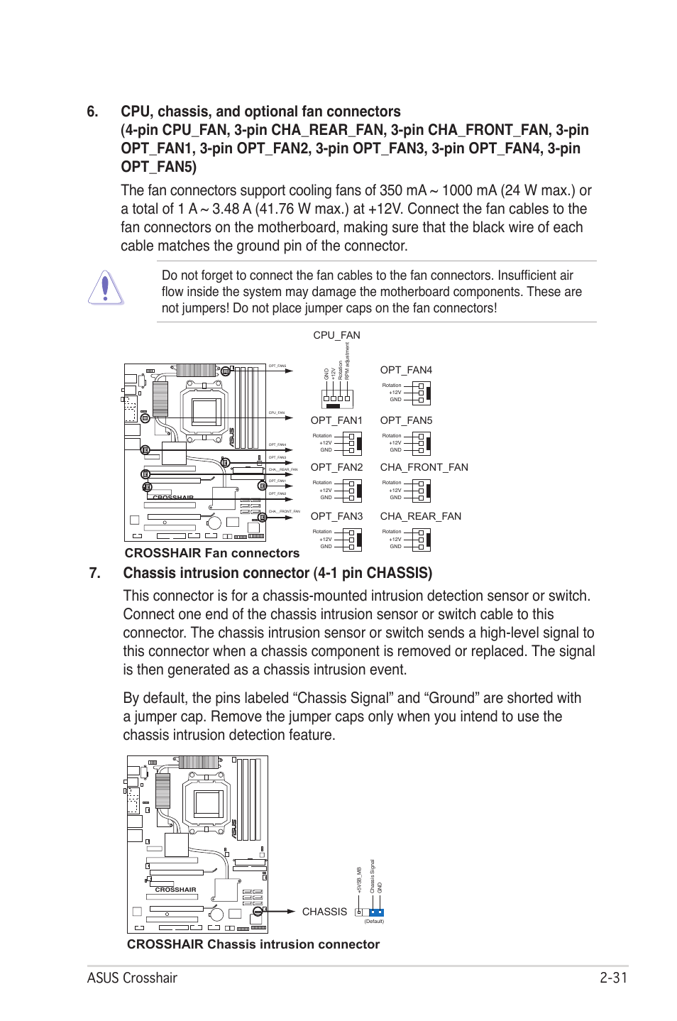 Asus crosshair 2, Crosshair fan connectors, Crosshair chassis intrusion connector | Asus CROSSHAIR E2711 User Manual | Page 57 / 174