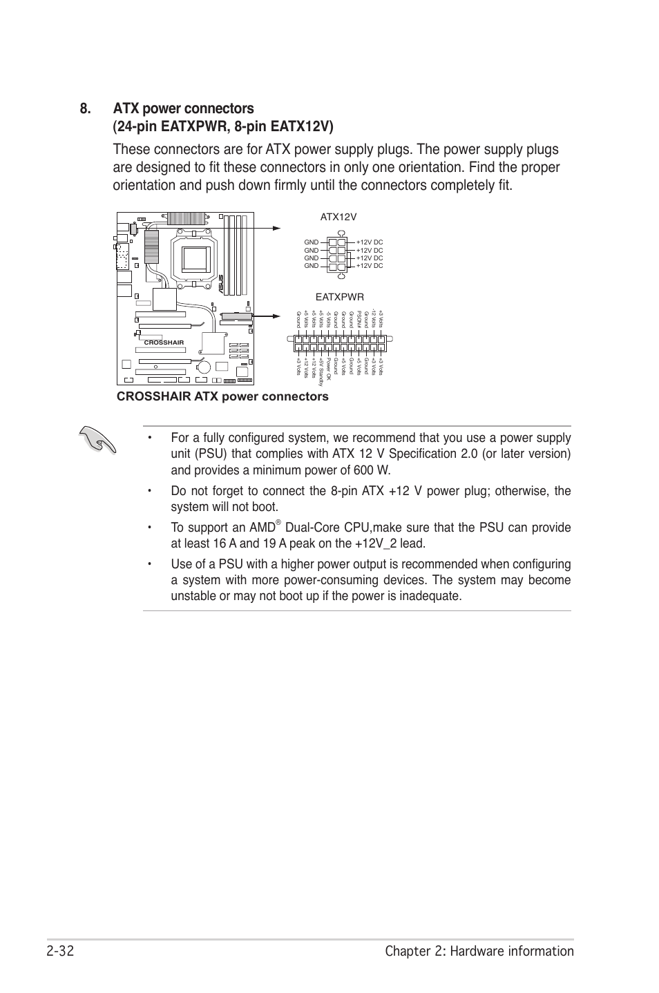 2 chapter 2: hardware information, Crosshair atx power connectors | Asus CROSSHAIR E2711 User Manual | Page 58 / 174