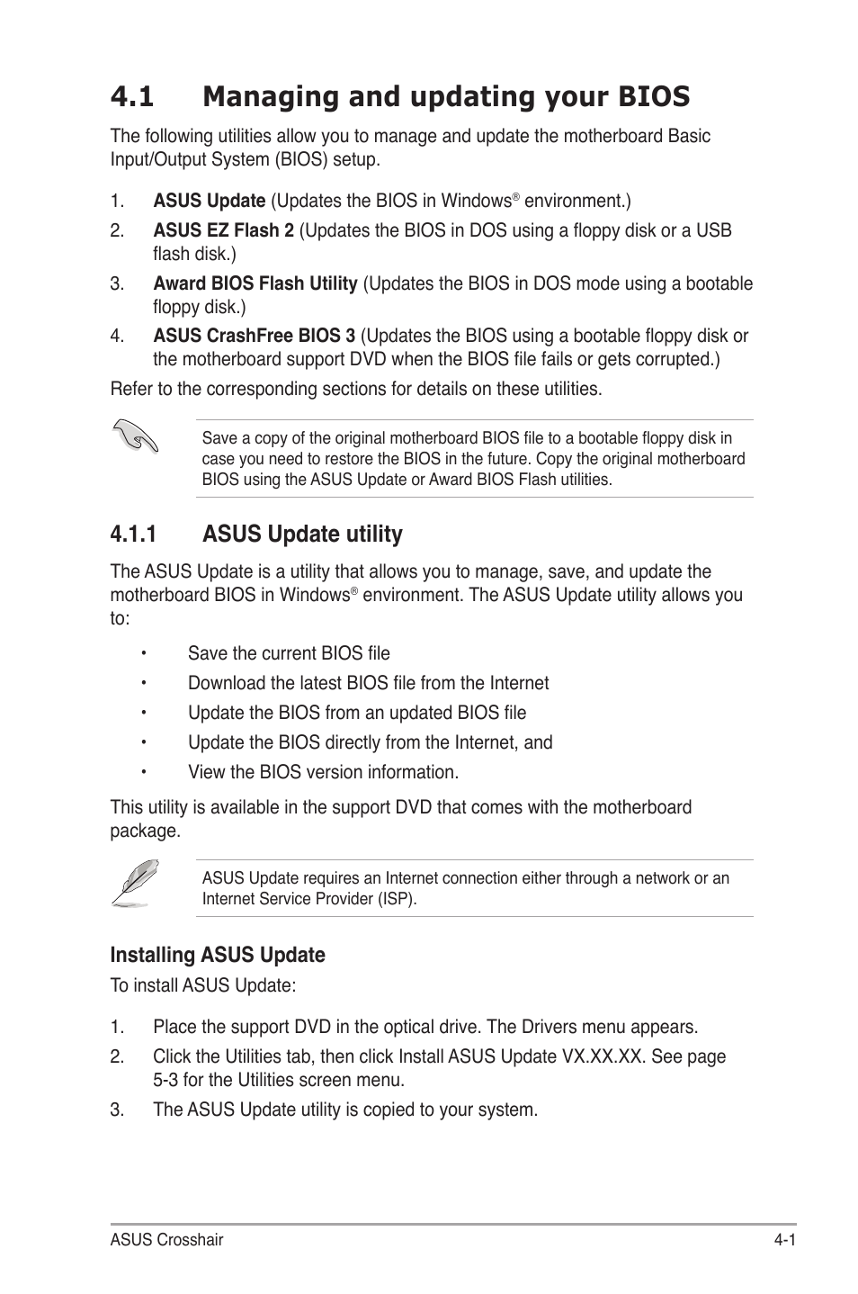 1 managing and updating your bios, 1 asus update utility | Asus CROSSHAIR E2711 User Manual | Page 69 / 174