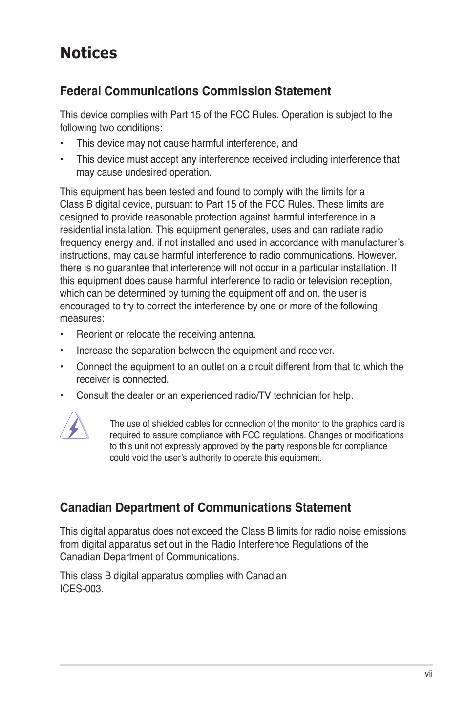 Notices, Federal communications commission statement, Canadian department of communications statement | Asus CROSSHAIR E2711 User Manual | Page 7 / 174