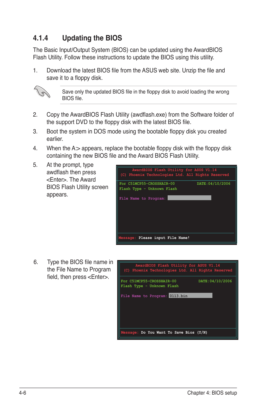 4 updating the bios | Asus CROSSHAIR E2711 User Manual | Page 74 / 174